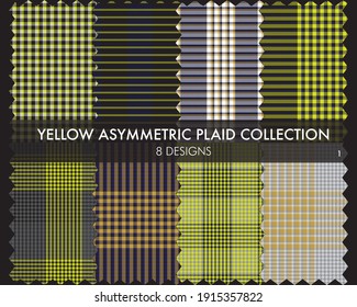 Die nahtlose Kollektion von gelben asymmetrischen Plaid-Mustern umfasst 8 Designs für Modetextilien und Grafiken