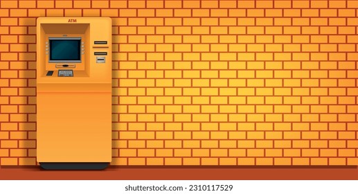 Yellow atm machine front view on brick wall background of same colour realistic vector illustration