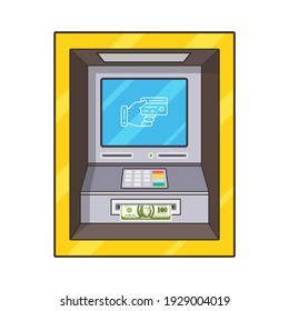 Yellow ATM teller machine and dollar banknotes sticking out of a slot. Hand holding credit card on screen. Vector.