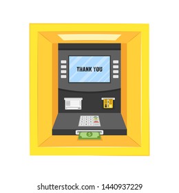 Yellow ATM teller machine with positive response on the screen. Vector illustration.