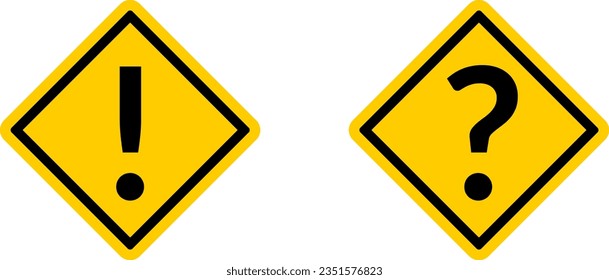 Yellow Attention Danger or Hazard Question Problem Warning Sign with Exclamation Mark and Question Mark in Diamond Shaped Frame Label Icon Set. Vector Image.