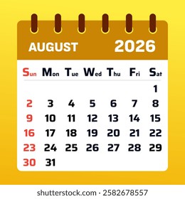 Yellow august 2026 Calendar. august 2026 Monthly Planner. August 2026. Yellow aug 2026 Time Management Calendar. Vector illustration