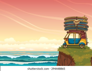 Yellow auto rickshaw with surfboards and green grass on a blue ocean with waves. Natural vector illustration about surfing.