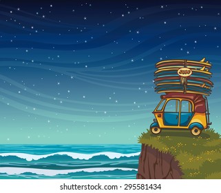 Yellow auto rickshaw with surfboards and green grass on a blue night ocean with waves. Natural vector illustration about surfing.