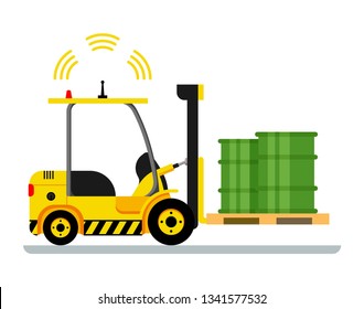Yellow Automatic Forklift Car Driving Green Barrel. Mechanical Loader Carring Tank on Tray. Warehouse Transportation Equipment. Signal Radar is Working. Flat Cartoon Vector Illustration