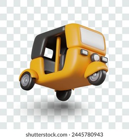 Yellow autorickshaw car, 3D vector object at moment of movement