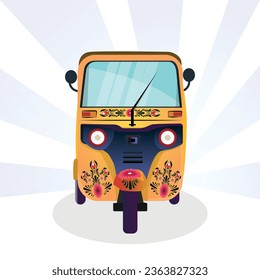 Yellow auto-rickshaw illustrations in India. with rickshaw paint on it. front view of tuk-tuk.