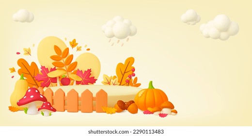 Yellow autumn 3d banner, acorns and mushrooms. Empty podiums and vibrant leaves, thanksgiving or harvest background. Minimal pithy vector template