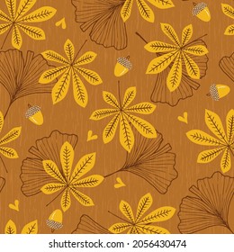 Yellow Autumn Chest Nut and Gingko Leaves with Acorns Vector Seamless Pattern