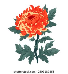 Gelbe herbstliche Chrysanthemenblume mit Blättern. Große Dahlie-Blumengrafik einzeln auf transparentem Hintergrund. Gestaltungselement für Druck, Karte, Flyer, Banner