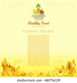 Yellow autumn farmers market fruit and vegetable vector. Food icons, text lettering cooking pan logo, organic diet icon. Fruits - pear, melon, cherry, lemon. Vegetables - corn, onion, cereals, apple