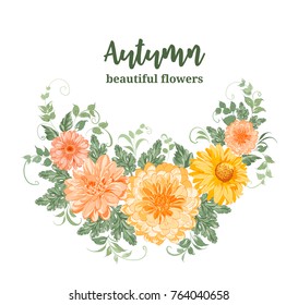 Yellow autumn flowers. Chrysanthemum garland composition. Orange blossom wreath isolated on white background. Vector illustration.