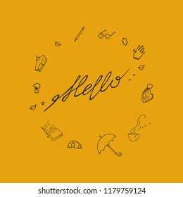 Yellow Autumn greating card with lettering «Hello» and circle of different objects
