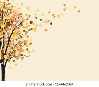 Yellow autumn leaves flying with wind from tree. Autumn background.