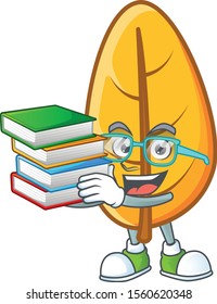 Yellow autumn leaves in with mascot student bring book