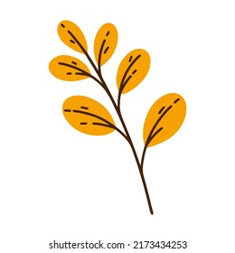 Yellow autumn leaves on a branch vector icon. Hand drawn sketch of a garden or wild plant. Twig of a forest tree, cartoon doodle. Flat clipart isolated on white. Fall botanical illustration   