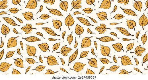 Yellow autumn leaves seamless pattern with doodled elements for wallpapers, backgrounds, prints, textile, scrapbooking, wrapping paper, tableware, holiday decor, etc. EPS 10