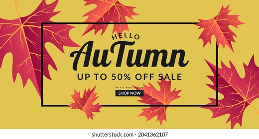 Yellow autumn sale background template design decorated with colorful leaves. Suitable for banner, poster, flyer, etc.