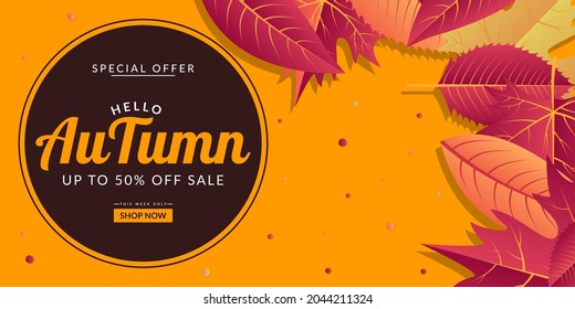 Yellow autumn sale background template design decorated with colorful leaves. Suitable for banner, poster, flyer, etc.