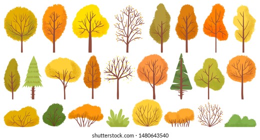 Yellow autumn trees. Colorful garden tree, autumnal garden bush and fall season tree leaves. Forest gold and green branches, autumn yellow and orange park trees. Isolated vector illustration icons set