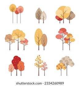 Yellow autumn trees. Colorful garden tree, autumnal garden bush and fall season tree leaves. Forest gold and green branches, autumn yellow and orange park trees. Isolated vector illustration icons set