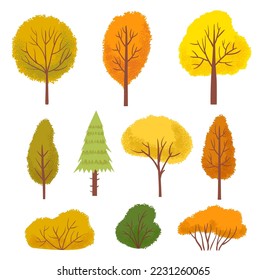 Yellow autumn trees. Colorful green and orange park or forest trees and bushes cartoon vector. Seasonal plants with foliage. Bright nature elements of different shape isolated on white set