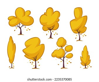 Yellow autumn trees set. Collection of cartoon forest and Bushes. Fall nature details, abstract plants with green leaves. Vector illustration