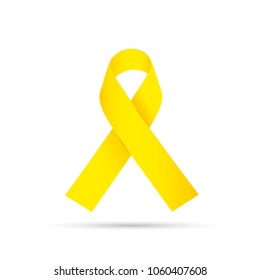 Yellow Awareness Ribbon On White Background. Bone Cancer And Troops Support Symbol.