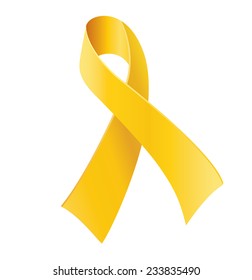 Yellow Awareness Ribbon On White Background. Bone Cancer And Troops Support Symbol/