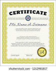Yellow Awesome Certificate template. With background. Detailed. Excellent design. 