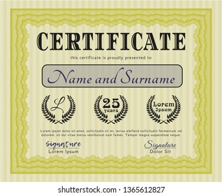 Yellow Awesome Certificate template. With background. Sophisticated design. Vector illustration. 