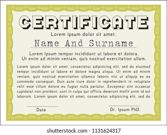 Yellow Awesome Certificate template. Complex background. Superior design. Detailed. 