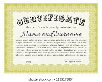 Yellow Awesome Certificate template. With complex background. Beauty design. Detailed. 