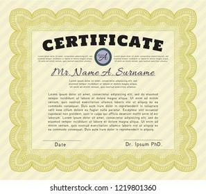 Yellow Awesome Certificate template. With complex background. Vector illustration. Money Pattern. 
