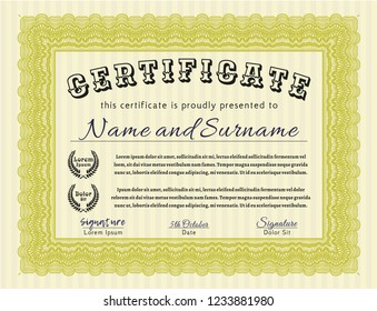 Yellow Awesome Certificate template. Complex background. Detailed. Money style design. 