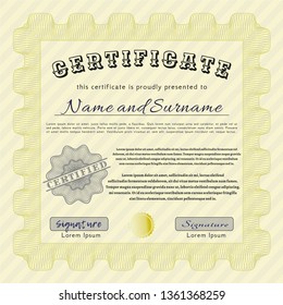 Yellow Awesome Certificate template. With complex linear background. Perfect design. Detailed. 