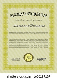 Yellow Awesome Certificate template. With complex linear background. Detailed. Money Pattern design. 