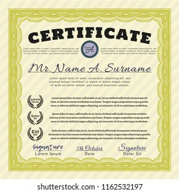 Yellow Awesome Certificate template. Cordial design. Customizable, Easy to edit and change colors. With guilloche pattern and background. 