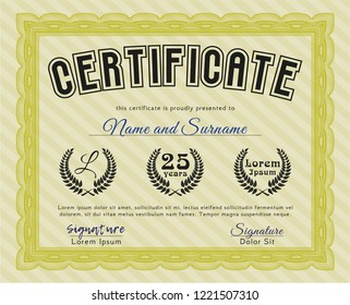 Yellow Awesome Certificate template. Cordial design. With quality background. Vector illustration. 