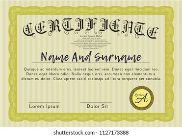 Yellow Awesome Certificate template. Elegant design. With linear background. Detailed. 
