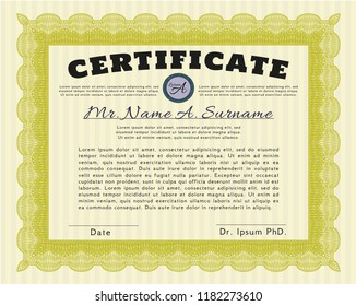 Yellow Awesome Certificate template. Elegant design. Detailed. With guilloche pattern and background. 