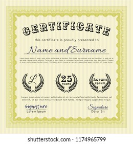 Yellow Awesome Certificate template. Good design. Vector illustration. With great quality guilloche pattern. 