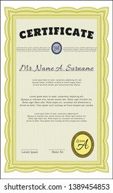 Yellow Awesome Certificate template. Good design. Detailed. With guilloche pattern and background. 