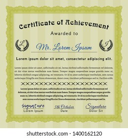 Yellow Awesome Certificate template. With great quality guilloche pattern. Sophisticated design. Vector illustration. 