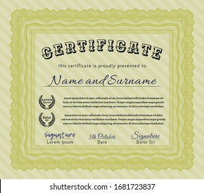 Yellow Awesome Certificate template. With great quality guilloche pattern. Vector illustration. Cordial design. 