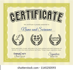 Yellow Awesome Certificate template. With guilloche pattern. Vector illustration. Good design. 