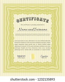 Yellow Awesome Certificate template. With linear background. Beauty design. Detailed. 