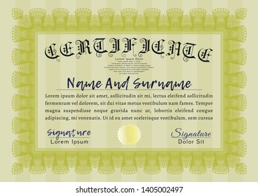 Yellow Awesome Certificate template. With linear background. Money Pattern design. Customizable, Easy to edit and change colors. 