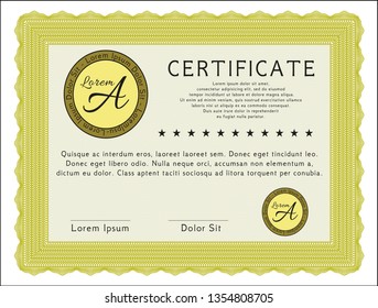 Yellow Awesome Certificate template. Modern design. Detailed. With guilloche pattern. 