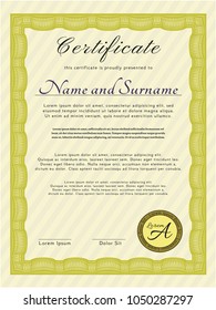 Yellow Awesome Certificate template. Money Pattern design. With guilloche pattern. Customizable, Easy to edit and change colors. 